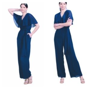 New Vince Camuto Blue Chiffon Capelet Jumpsuit size 0